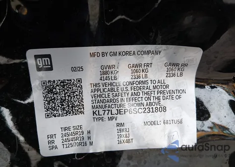 2025 Chevrolet Trax Fwd 2Rs z USA, uszkodzony, nr VIN KL77LJEP6SC231808